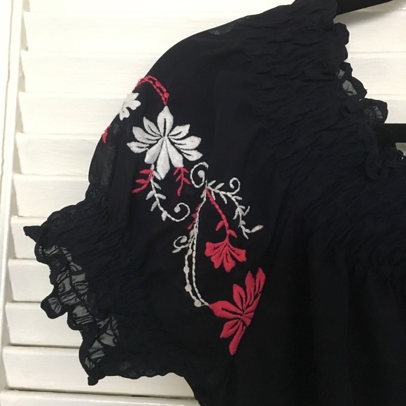 Sheer Navy Embroidered Top With Ruching - Picture 4 of 5